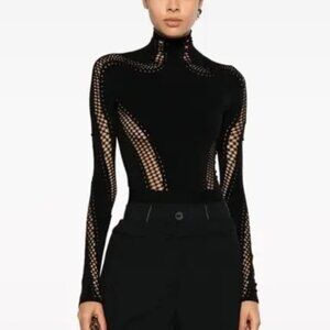 Mugler Black Open-knit high-neck mesh top - Size S